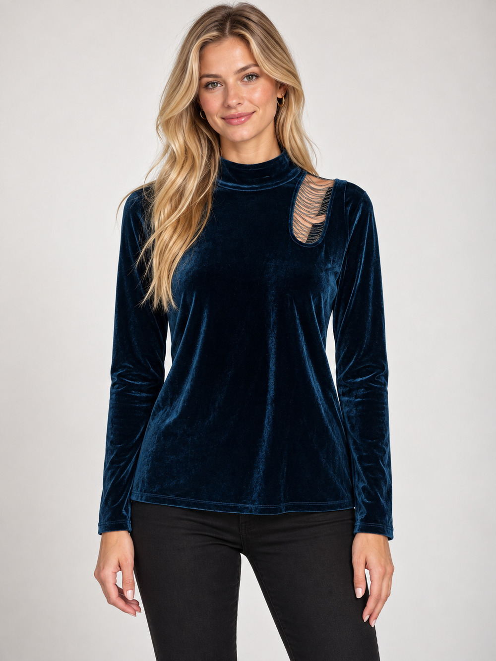 2/$30 Elie Tahari Teal Velvet Chain Cutout Mock Neck Top S #A6071